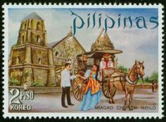 a stamp with an image of people and horses in front of a building that says pilipinas