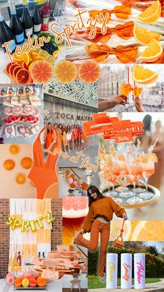 collage of photos with oranges, lemons and drinks on display in the foreground