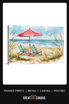 a painting of two beach chairs under an umbrella