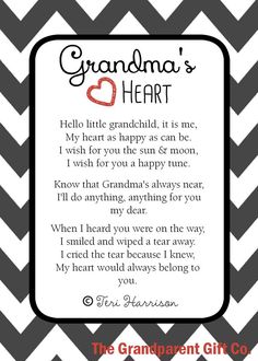 the grandma's heart poem is shown in black and white chevrons with red hearts