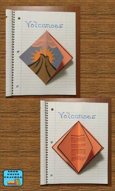 two notebooks with folded paper and an origami volcano in the middle, on top of a wooden table