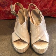 Woven Material Bottom. Leather Is A Little Worn Where The Feet Have Been, But Other Than That They Are In Good Condition. Super Comfortable Wedge. Strap Works Great! Beige Wrapped Wedge Heel, Beige Wrapped Wedge Heels, Comfortable Wedges, Shoes Women Heels, Shoes Heels, Wedges, Size 7, Women Shoes, Cream