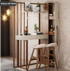 two stools sit in front of a counter with bottles on it and shelves behind them