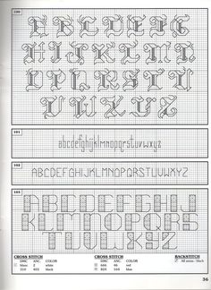 two cross stitch alphabets with the letters and numbers in each letter, one has an upper