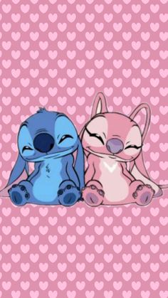 two cartoon animals sitting next to each other on a pink and blue background with hearts