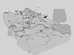 a drawing of two cats sleeping on a bed with the sheets pulled back and pillows down