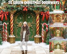 a woman standing in front of a green door with candy canes and christmas decorations