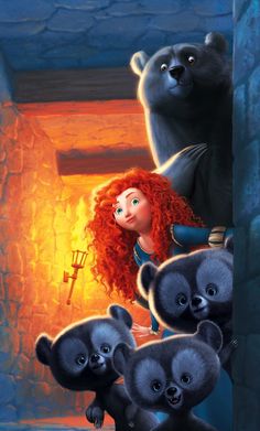 the red haired girl is surrounded by black bears