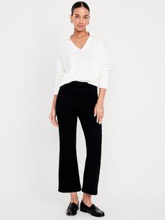 pull-on high waistband back patch pockets flare leg sits at belly button slim hip and thigh cropped flare leg hits above ankle 26" regular inseam 24" petite inseam 29" tall inseam models are approx.  5'9" and wear sizes s (4), l (12), and xl (18)machine wash according to the care instruction label  . Best Holiday gift for Women , perfect Jeans for Christmas! Flare Jeans Black, Crop Flare Jeans, Slim Hips, Crop Flare, Christmas Clothes, Cropped Flare Jeans, Business Wear, Cropped Flares, Family Maternity