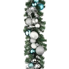 a christmas tree with ornaments hanging from it's sides and balls on the top