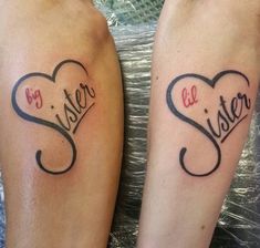 two people with matching tattoos on their legs that say sister and sister in the shape of hearts