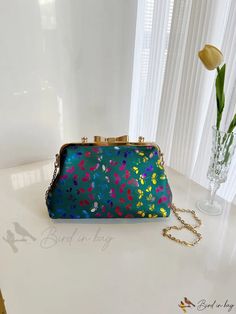 Bird in Bag - Daily Womens Butterfly Printed Clutch Bag with Metal Handle and Chain Shoulder Strap, 8 Color Options, Roomy Compartment for Holding Summer Formal Green Bags, Green Clutch With Chain Strap, Green Shoulder Bag For Spring Party, Spring Green Shoulder Bag For Party, Spring Party Green Shoulder Bag, Spring Multicolor Formal Shoulder Bag, Spring Formal Multicolor Shoulder Bag, Metallic Handbags, Shell Bag