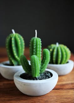 three small cactus plants in white pots on a wooden table with candles sticking out of them