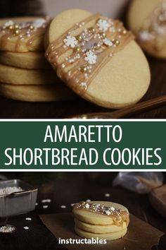 the cover of amarettoo shortbread cookies is displayed on a table with other baked goods