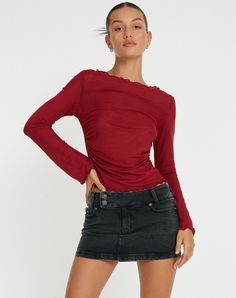 Dark Brown Long Sleeve Lettuce Hem Top | Armina – motelrocks-com-us Burgundy Top Outfit, Lettuce Hem Top, Red Top Outfit, Long Sleeve Shirt Outfits, Red Long Sleeve Tops, Red Long Sleeve Shirt, Lettuce Hem, Brown Long Sleeve, Stylish Women Fashion