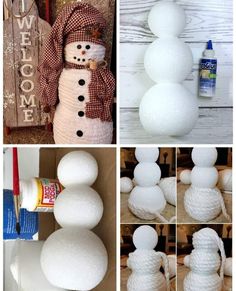 snowmen made out of balls and yarn are shown in four different pictures, including one with