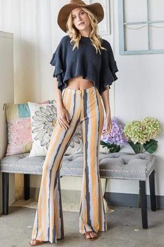 Bucket List Bottoms Aeryn High Rise Striped Flares Yellow Multi Striped Flare Pants, Navy Crop Top, Printed Flare Pants, High Rise Style, Perfect Pant, Boho Look, Country Outfits, Fitted Silhouette, Stripe Print