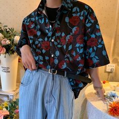 Floral Print Shirts, Oversized Aesthetic, Female Streetwear, Streetwear Korean, Aesthetic Floral, Blouses Women, Rose Shirts, Streetwear Grunge, Streetwear Summer