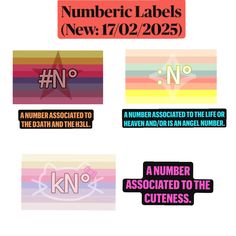 four different types of labels with numbers and symbols on them, including the letter n