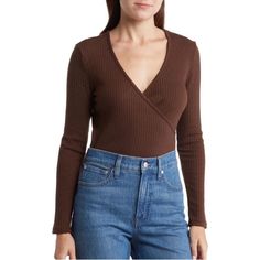 Madewell Simon Soft Ribbed Mock Wrap Style Long Sleeve Brown Top M Crafted From Soft And Stretchy Fabric With A Ribbed Texture, This Mock-Wrap Top Is Perfect For Staying Warm On Colder Days. 26" Length (Size Small) Surplice V-Neck Long Sleeves 47% Polyester, 36% Cotton, 12% Viscose, 5% Elastane Machine Wash, Tumble Dry Size M New With Partial Tag From Nordstrom Last Chance As Shown Brown Ribbed Tops For Workwear, Wide Sleeve Top, Cotton Long Sleeve Shirt, Brown Top, Front Tie Top, Red Shirt, Wide Sleeves, Brown Fashion, Crop Shirt