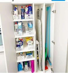 an organized bathroom closet with cleaning supplies and toiletries