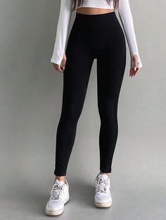 Women's Solid Color Leggings/tights Black Casual   Knitted Fabric Plain Regular Medium Stretch  Women Clothing, size features are:Bust: ,Length: ,Sleeve Length: Tights Outfits Leggings, Black Leggins, Outfit Sport, Tights Outfits, Color Leggings, Women Crew Socks, Women Leggings, Legging Outfits, Plus Size Leggings