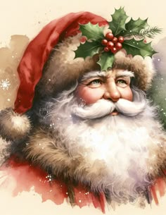 a watercolor painting of santa claus wearing a holly berry hat and holding a mistle