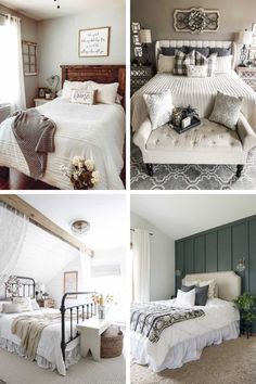 four different pictures of bedroom furniture and decor