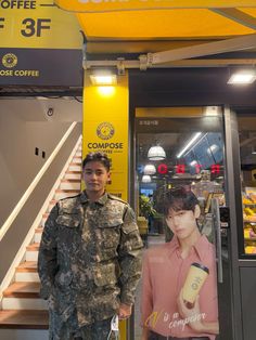 a soldier standing in front of a coffee shop next to a sign that says compoise