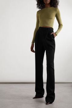 SAINT LAURENT's pants are destined to be the most worn in your wardrobe. They're made from black wool and cut in a slim-leg shape with a high-rise waist and extra long cuffs. Wear them with anything from shirts to slouchy knits. Slim Leg Pants, Slim Fit Trousers, Pleated Pants, Wool Pants, Short En Jean, Black Bottoms, Pants Straight, Everyday Wardrobe, David Yurman