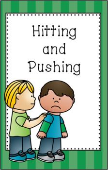 a poster with the words hitting and pushing in front of two children standing next to each other