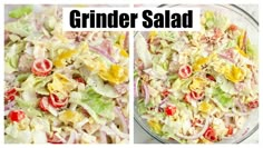 two pictures of a salad with lettuce and tomatoes