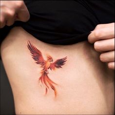 a woman with a tattoo on her stomach that has a red and orange bird on it