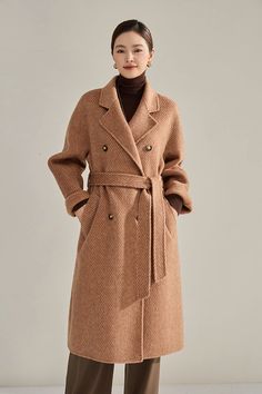 Women's Double Breasted Belted Twill Double Face Wool Coat Wool Long Coat, Winter Overcoat, Long Wool Coat, Double Face, Sweater Coats, Two Piece Outfit, Winter Wardrobe, Long Coat, Wool Coat