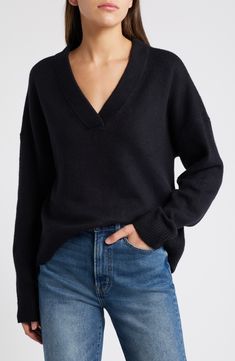 An oversized fit feels so right and relaxed in this V-neck sweater knit from cotton-blend yarn. V-neck Long sleeves Dropped shoulders Ribbed cuffs and hem 56% cotton, 19% acrylic, 18% polyester, 5% nylon, 2% spandex Hand wash, dry flat Imported Winter Relaxed Fit V-neck Sweater, Oversized V-neck Sweater For Work, Classic Oversized V-neck Top, Classic Fall V-neck Sweater For Loungewear, Oversized Cozy V-neck Sweater With Ribbed Cuffs, Oversized V-neck Sweater For Spring Workwear, Oversized Fine Knit V-neck Sweater For Fall, Oversized V-neck Sweater For Everyday Fall Wear, Black Fine Knit V-neck Sweater For Fall