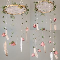 two dream catchers with flowers and feathers hanging from the ceiling in front of a wall