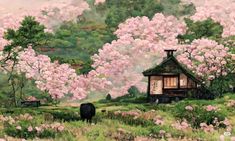 a painting of cows grazing in front of a house with pink flowers on the trees