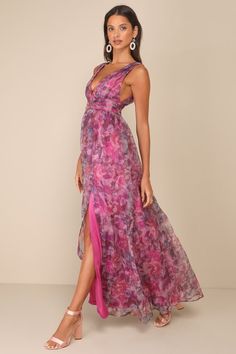 Garden Romance Magenta Floral Print Organza Maxi Dress Organza Maxi Dress, Full Maxi Skirt, Lulus Dresses, Lavender Floral, Formal Dresses Gowns, Pink Maxi, Maxi Dress Prom, Tiered Midi Dress, Lulu Dresses