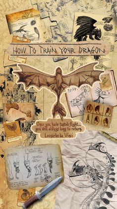 a collage of different types of paper with writing and pictures on the bottom, including an image of a dragon