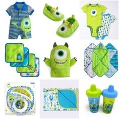 a collection of baby items including bibs, diapers, and onesuits