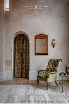 A traditional room setting with a neoclassical style wooden mirror hanging on the wall. Plain Mirror