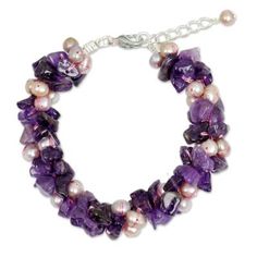 Amethyst's mystique is inspiring in this design by Anusara. Knotted by hand the gems cluster with natural pink pearls in an opulent bracelet. The clasp is bathed in sterling silver..925 Sterling silver plated brass clasp and extender Amethyst Beaded Bracelet, Pearl And Amethyst, Amethyst Bracelet Beads, Pearl Amethyst, Women's Bracelets, Flower Pendant Necklace, Amethyst Beads, Jewelry Online Shopping, Jewelry Packaging