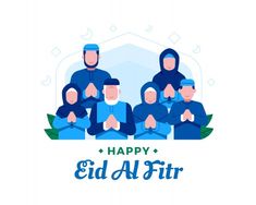 happy eid al - fitr greeting card with muslim men in traditional clothing and hijab