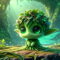 a cute little green fairy sitting on top of a tree stump