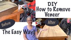 a woman sitting at a wooden table with an easy way to remove vinyl decals on it