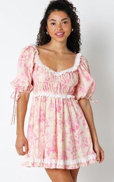 pink and ivory babydoll dress with ruffles and a coquette inspired design Smell The Roses, Lace Trim Dress, Trim Dress, Spring Wardrobe, Spring Style, Girly Girl, Sweetheart Neckline, Puff Sleeves, Floral Lace