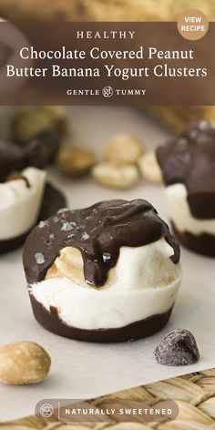 healthy chocolate covered peanut butter banana yogurt clusters with almonds on the side