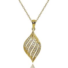 This stunning necklace is perfect for both simple daytime use and luxurious evening wear. This classic necklace features a delicate swirl design encrusted with round cubic zirconia stones, creating a fun chic accessory for women and teen girls. This statement necklace is secured by a spring-ring clasp and includes a 16 inch plus 3 inch extender rolo chain. This pendant necklace is crafted of fine yellow gold flashed sterling silver and is nickel free. Product Details Metal Type yellow-gold-flash Elegant Swirl Necklace For Gift, Elegant Swirl Necklace For Gifts, Elegant Gold Swirl Necklace, Classic Necklace, Free Product, Ring Pendant Necklace, Swirl Design, Charm Set, Rolo Chain