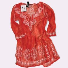 Sz Small Spiaggia Dolce Pool Beach Coverup Beautiful White Embroidery Perfect For Spring Break Ks1018 Orange Embroidered Beach Top, Orange Embroidered Top For Beach, Spring Holiday Beachwear Tops, Bohemian Summer Holiday Top, Pool Beach, White Embroidery, Orange Pink, Spring Break, Color Orange