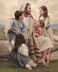 a painting of jesus with children and an adult